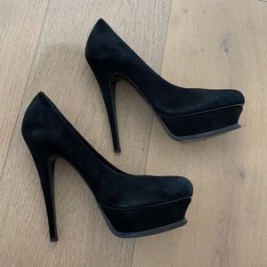 YSL Tribute Black Suede Platform Pumps Heels